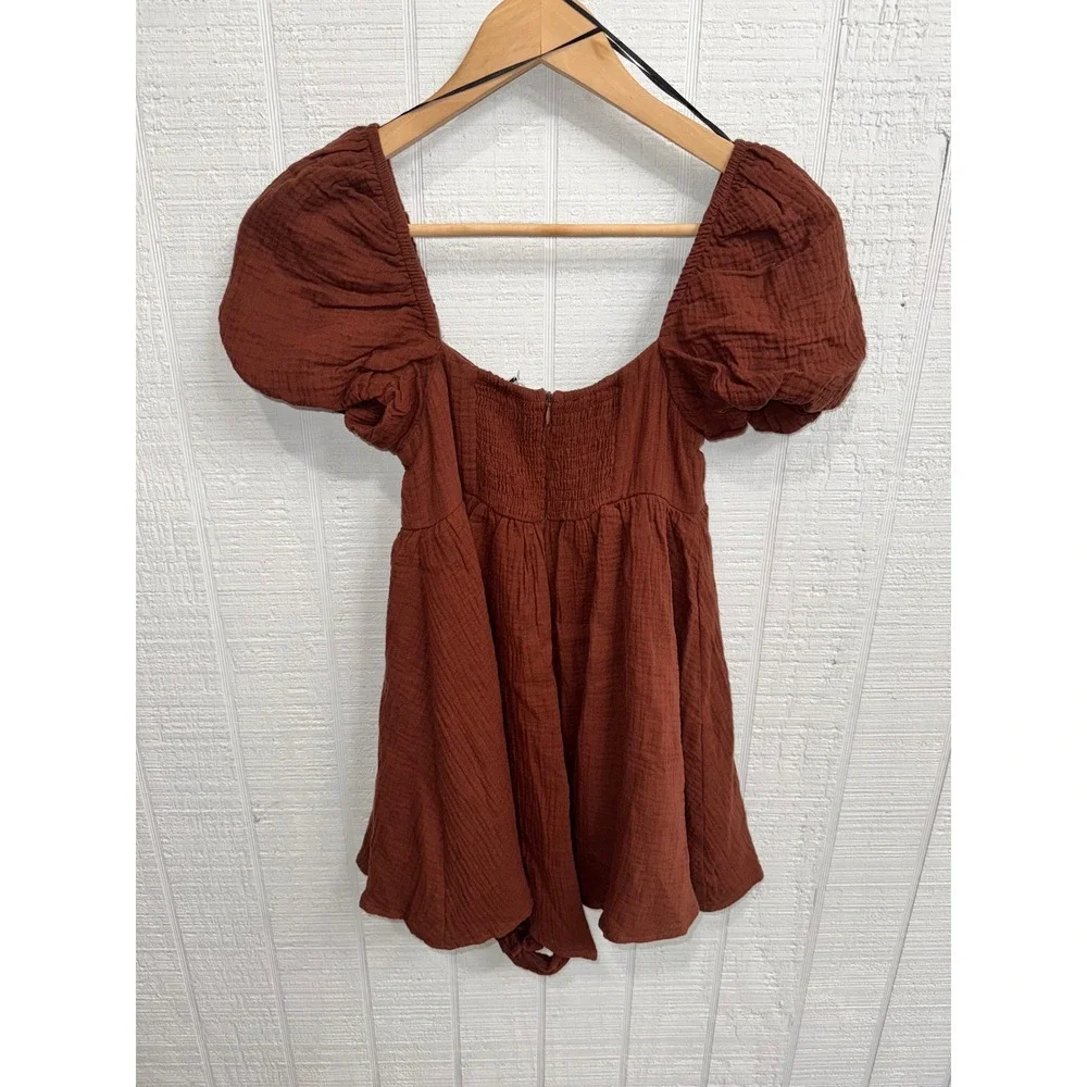 Princess Polly Lorna Romper Women Brown Puff Sleeve Cotton Gauze US 2 NEW